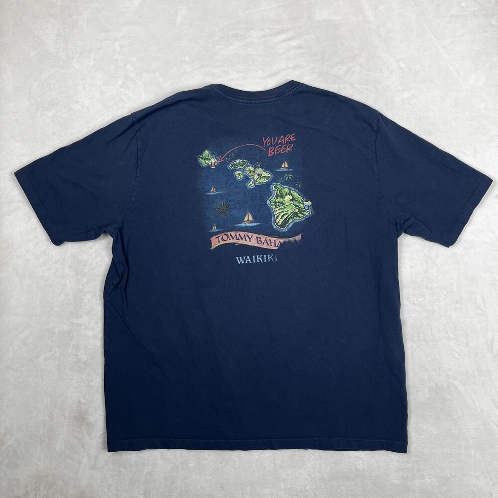 Tommy Bahama T-Shirt Mens 2XL Blue Waikiki You Are Beer Hawaii Map Graphic Y2K